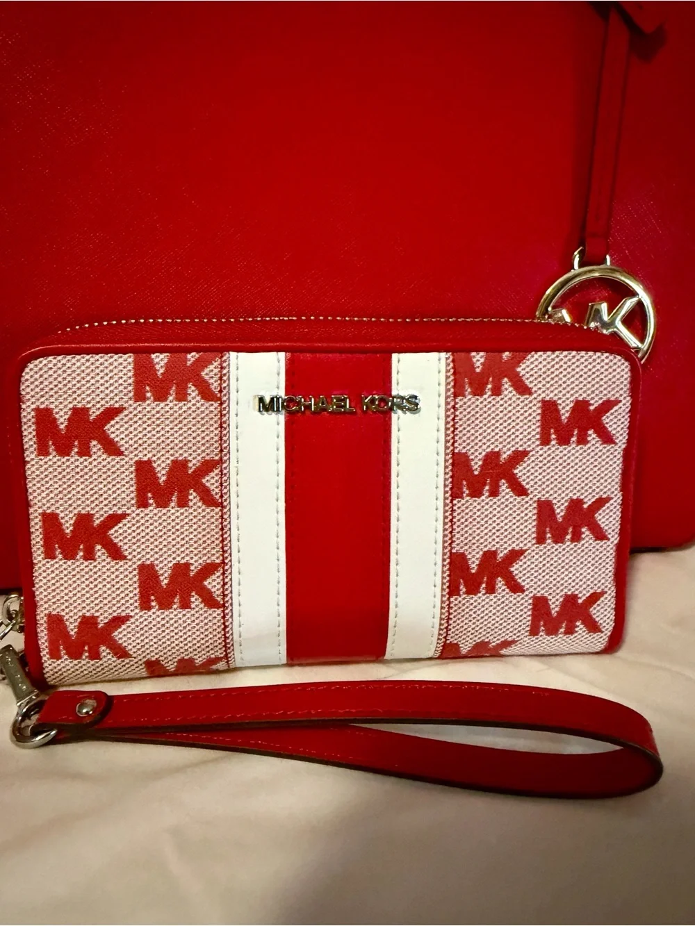 Michael Kors Red Saffiano Tote with Matching MK Wrist Wallet
